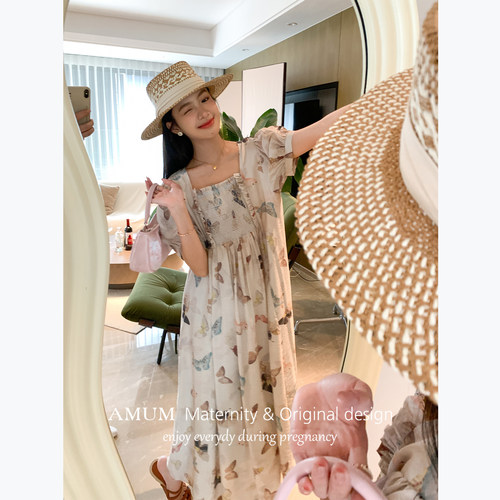 ◆AMUM孕妇装◆蝴蝶乐园~天丝印花娃娃裙夏方领垂坠印花连衣裙