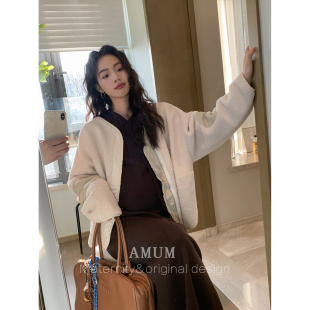 短款 小羊咩咩 秋冬毛绒感休闲外套羊羔毛拉链上衣 AMUM孕妇装
