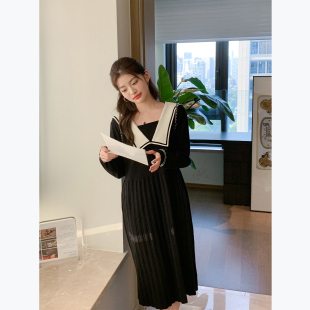 韩系宽松显瘦娃娃领拼接休闲针织连衣裙 糖分超标 AMUM孕妇装