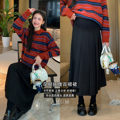 ◆AMUM孕妇装◆韩女法则~加厚显瘦质感百褶裙中长款A字托腹半身裙