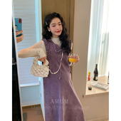 系带蝴蝶结气质木耳边丝绒法式 莓果慕斯 背心裙 AMUM孕妇装