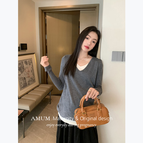 ◆AMUM孕妇装◆miu系撞色风~时髦叠穿假两件针织衫软糯内搭上衣