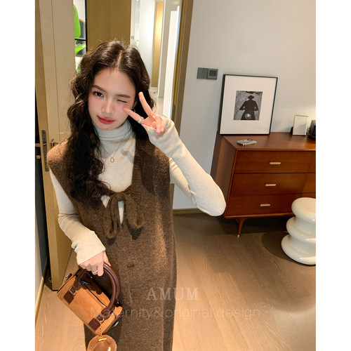 ◆AMUM孕妇装◆洋气秋冬装~咖色连衣裙系带休闲针织背心裙孕期