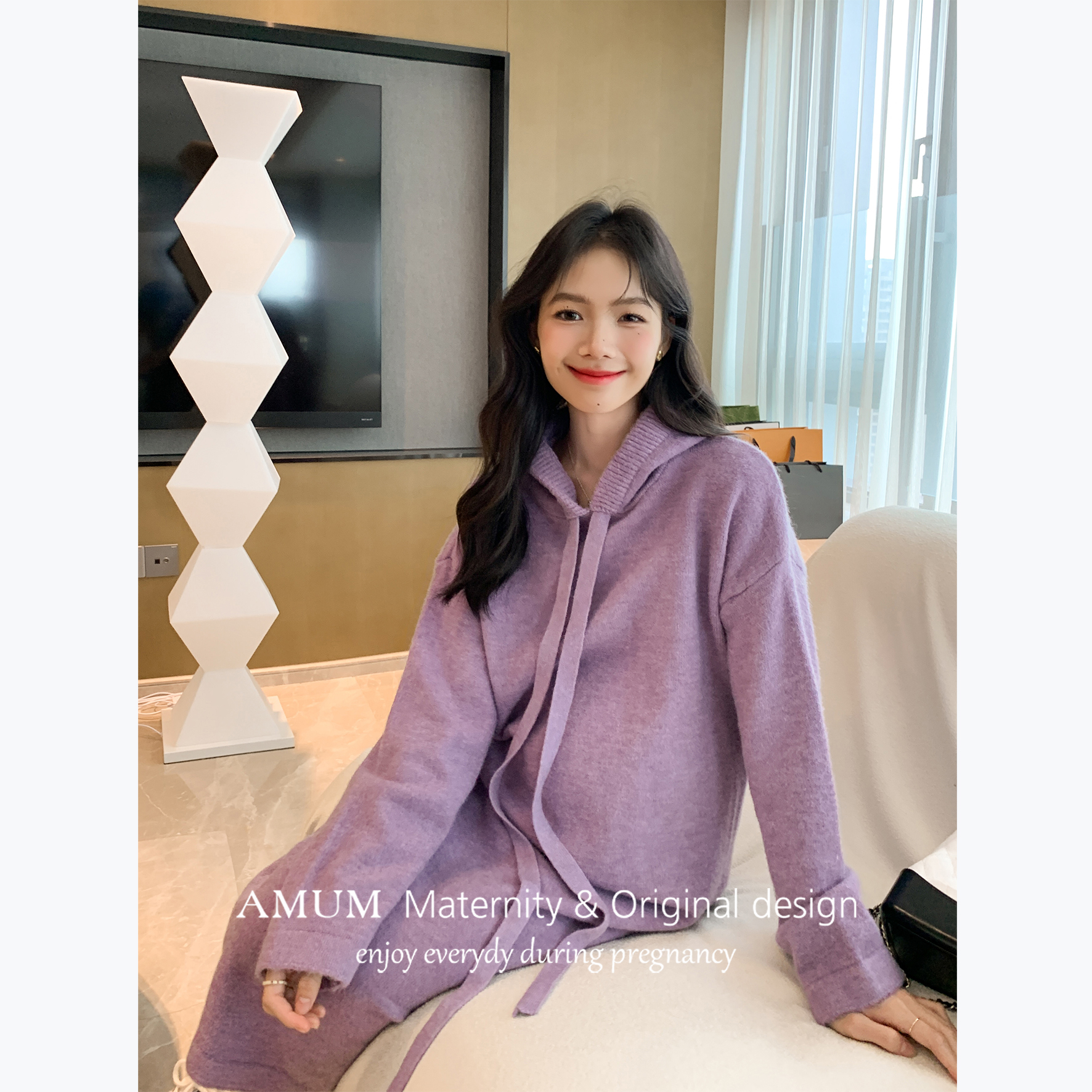 ◆AMUM孕妇装◆葡萄气泡水~连帽秋冬慵懒毛衣宽松休闲针织连衣裙