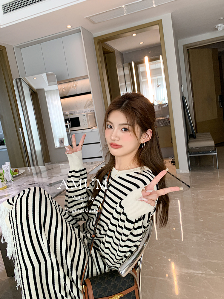 amum孕妇装针织条纹毛衣裙