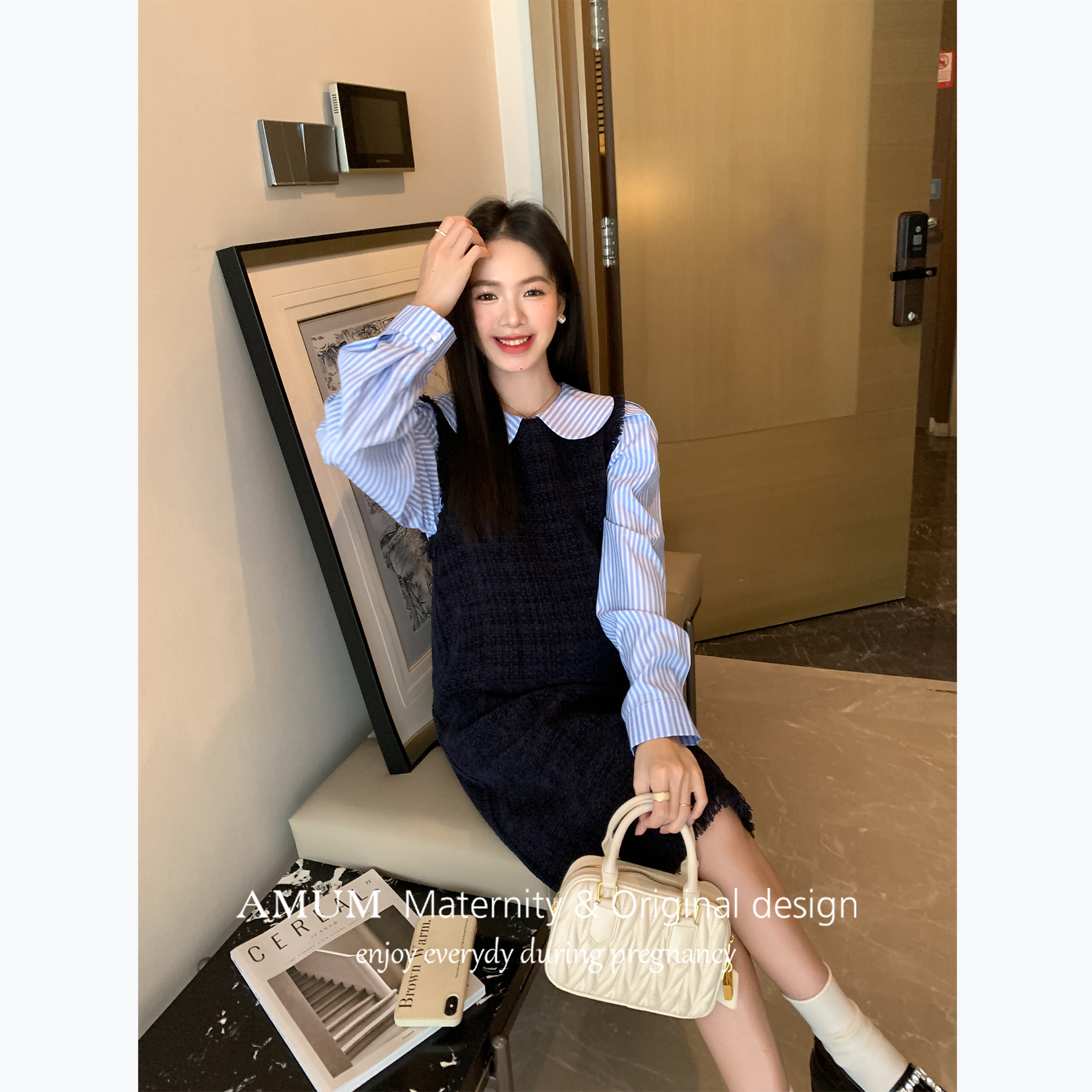 ◆AMUM孕妇装◆气质绝杀~娃娃领条纹小香风a字小个子气质背心裙