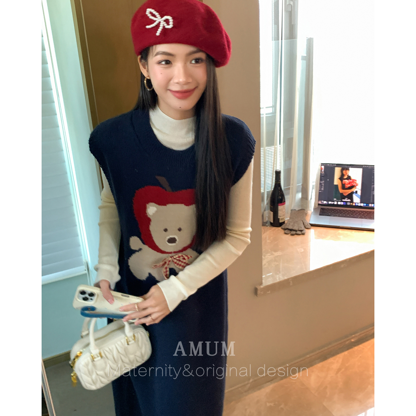 ◆AMUM孕妇装◆苹果小熊~秋冬毛衣连衣裙复古软糯亲肤针织背心裙