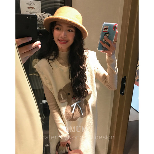 ◆AMUM孕妇装◆快乐小狗~花边针织宽松复古秋冬叠穿中长款背心裙