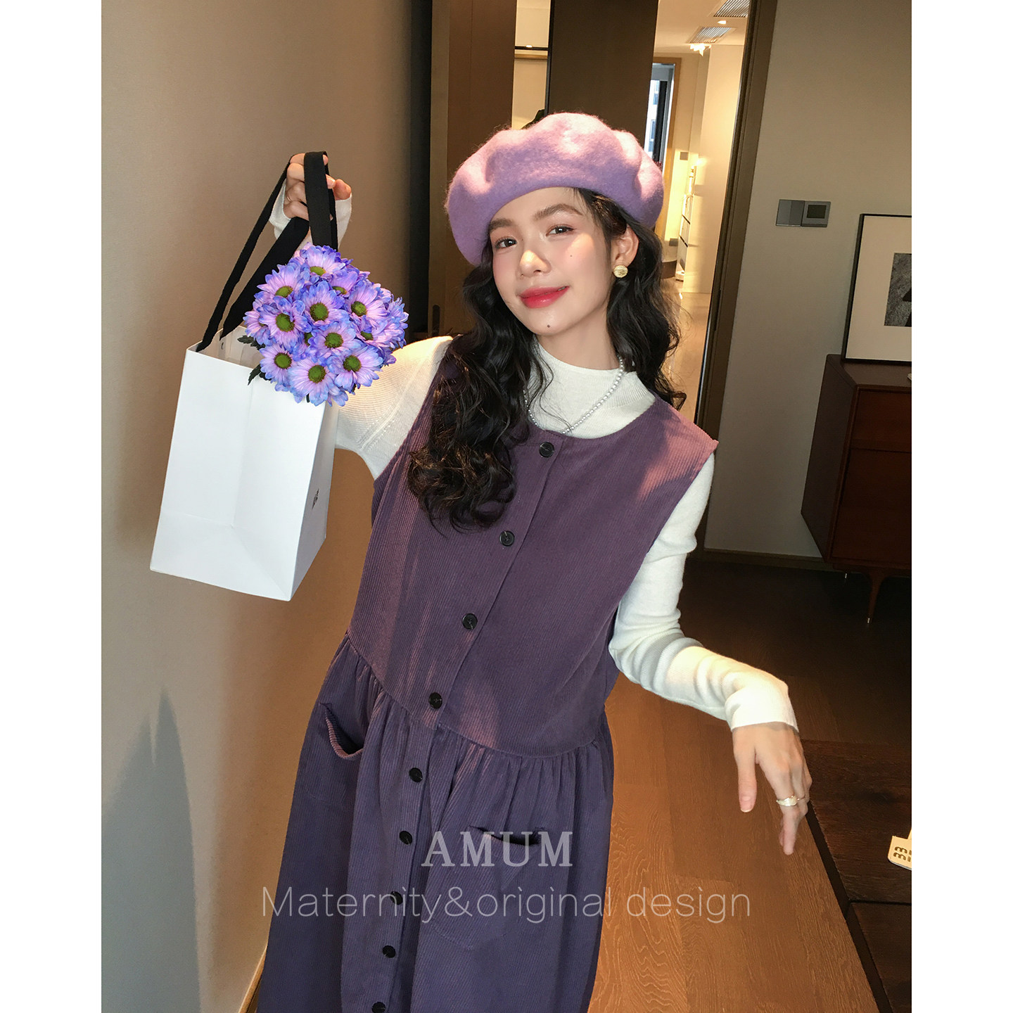 ◆AMUM孕妇装◆叠穿妙趣~日系复古宽松大口袋简约纯色无袖背心裙