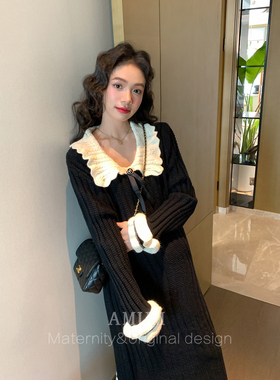 ◆AMUM孕妇装◆美貌天赋~撞色娃娃领长袖木耳边针织显瘦连衣裙