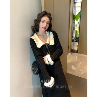 ◆AMUM孕妇装◆美貌天赋~撞色娃娃领长袖木耳边针织显瘦连衣裙