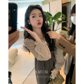 法式 少女精致感 复古咖色大蝴蝶结叠穿背心连衣裙 AMUM孕妇装