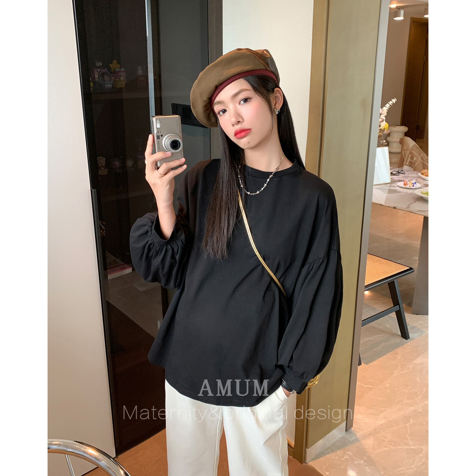 ◆AMUM孕妇装◆四色tee~纯色圆领百搭休闲长袖上衣收口袖宽松打底