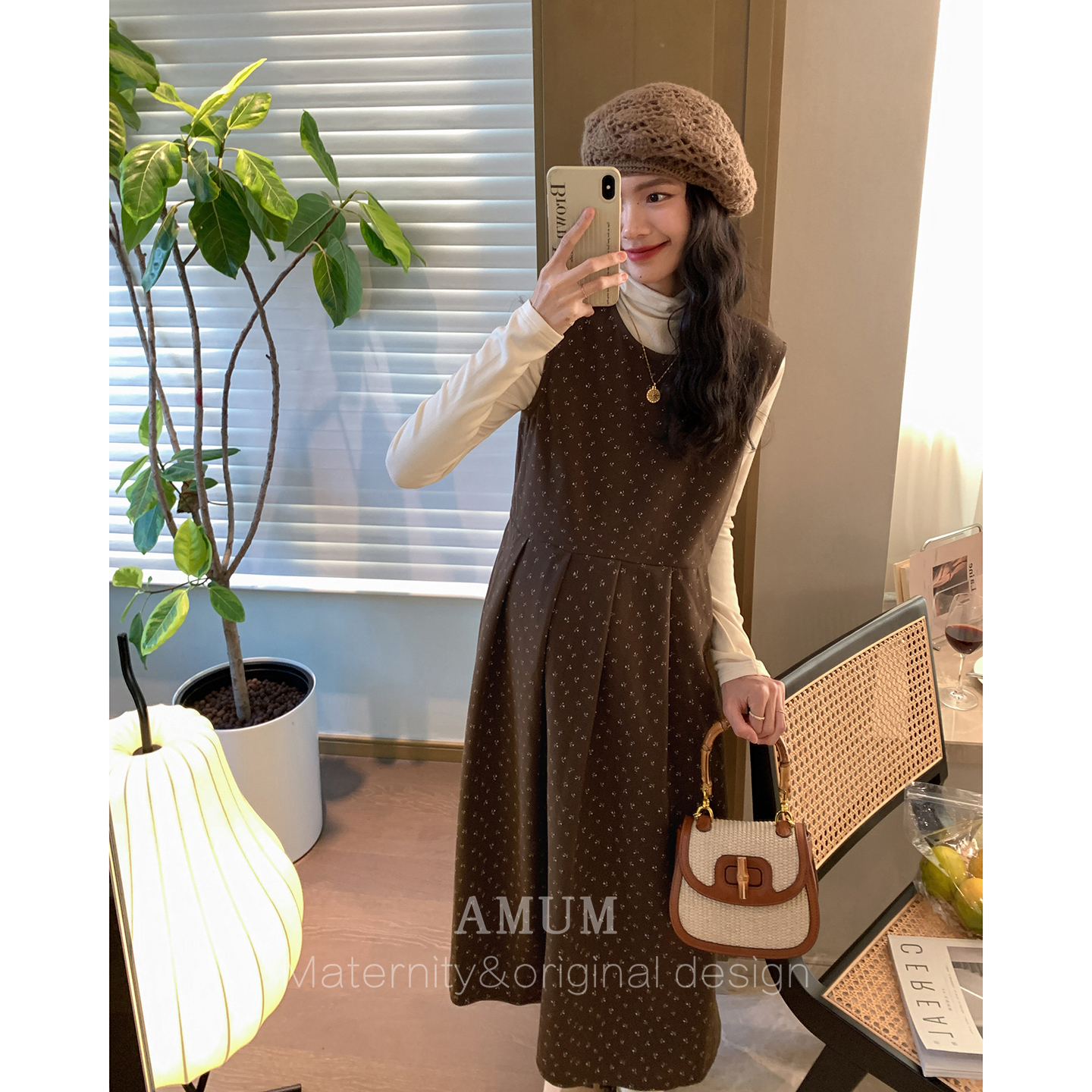 ◆AMUM孕妇装◆冬日花眠~咖色韩系叠穿复古碎花气质百褶背心长裙