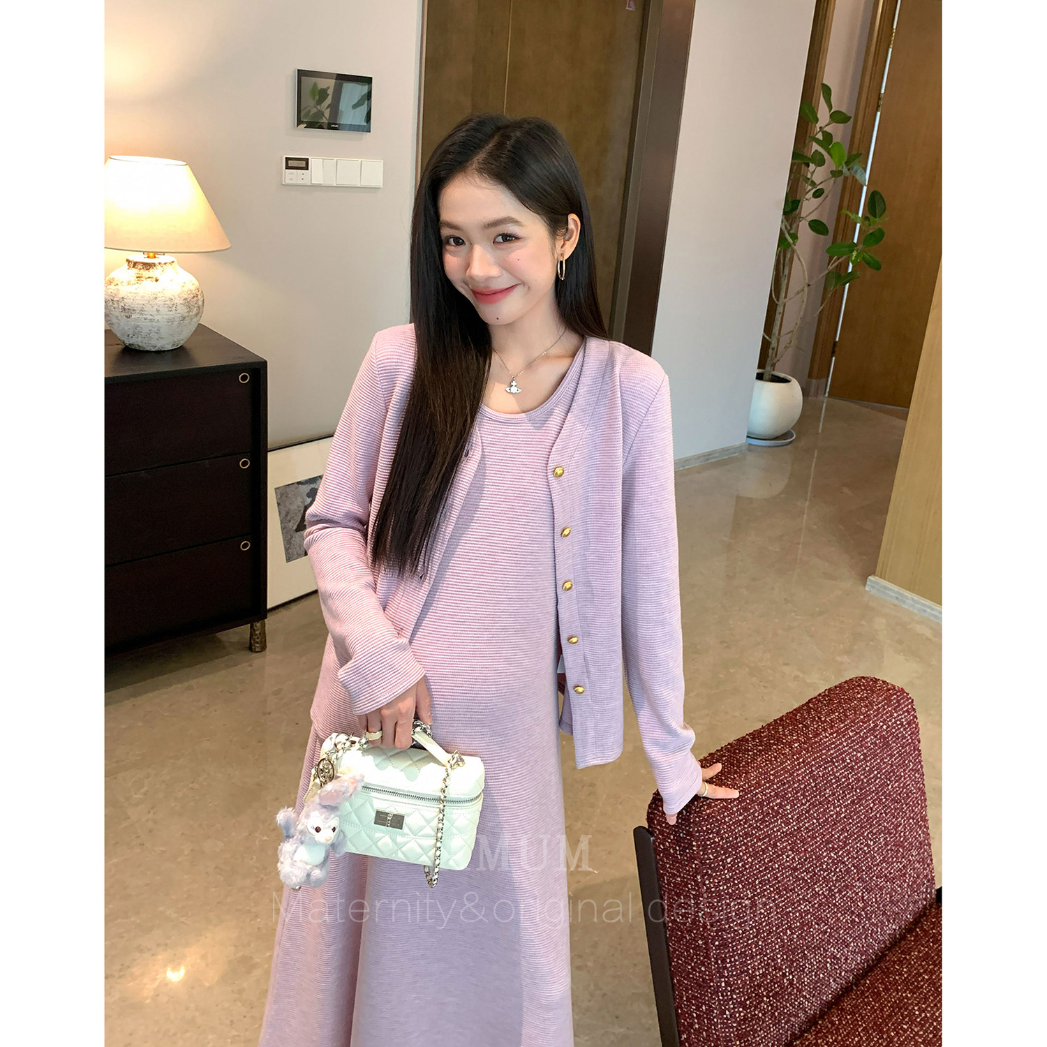 ◆AMUM孕妇装◆秋冬限定~气质背心裙温柔风两件套开衫针织连衣裙图片