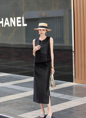 老阿姨studio-25春夏设计师黑色马甲背心套装