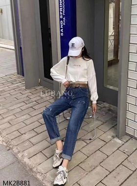 鹿邦全棉直筒烟管破洞牛仔裤