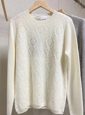 鹿邦白色印花纯羊绒长袖针织