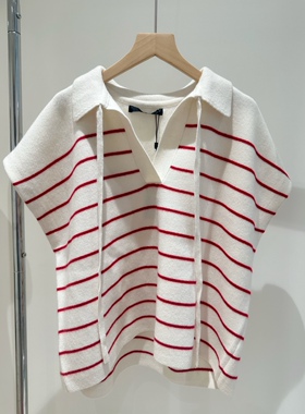 鄂尔多斯市 初绒纯羊绒翻领背心女抽绳落肩袖宽松条纹针织衫