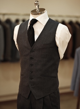 SEEKMITED深灰色单排扣羊毛法兰绒西装马甲商务通勤v领内搭马甲
