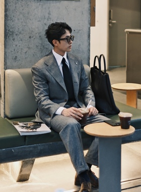 SEEKMITED秋冬法兰绒亲王格灰色西服半麻衬西装平驳领羊毛单排扣