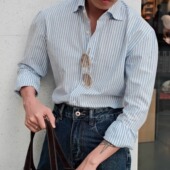 小众高级老钱长袖 大八领衬衫 衬衣 瀑布袖 SEEKMITED棉麻蓝条纹意式