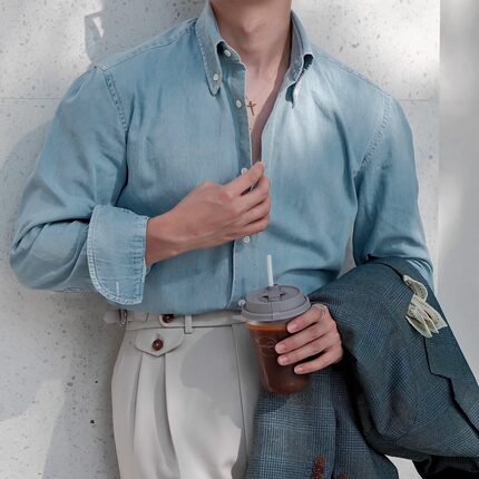 SEEKMITED意式瀑布袖轻薄牛仔衬衫男休闲长尖领纯棉浅色长袖衬衣