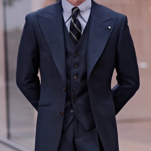 SEEKMITED蓝灰色人字纹羊毛英式西服外套半麻衬手工米兰眼西装