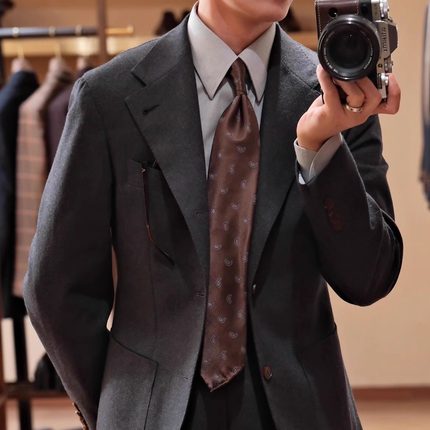 SEEKMITED 意式瀑布袖深灰亲王格法兰绒羊毛单排扣西服外套半麻衬