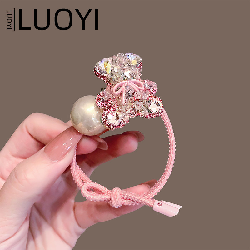 女甜美粉色小熊镶钻发圈精致高弹力扎高马尾盘丸子头发绳珍珠头绳