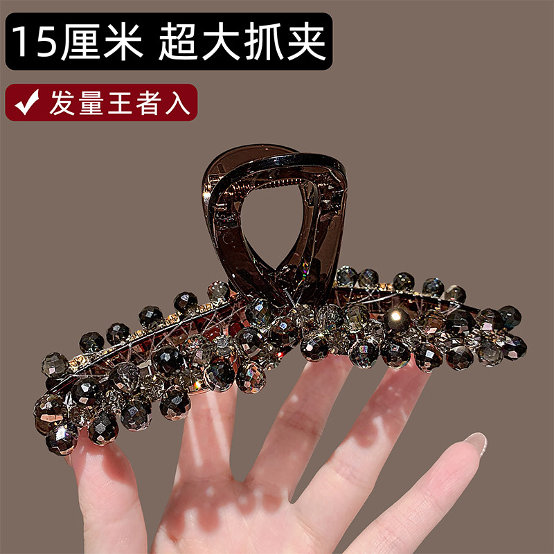 春夏新款纯手工穿线黑色水晶抓夹女后脑勺高级感全盘发鲨鱼夹头饰