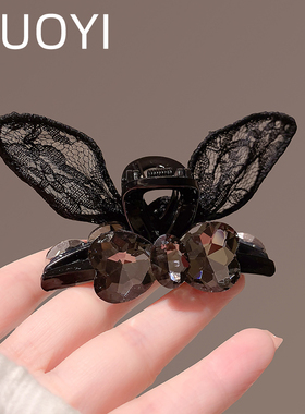 2025新款高级感黑色网纱蝴蝶结镶钻抓夹女后脑勺精致半扎头饰