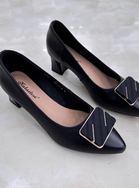 卡莱特斯2025春新款粗高跟牛皮时尚百搭浅口尖头女单鞋正品 03968