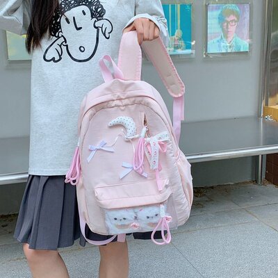日系女生简约ins大容量百搭书包蝴蝶结少女背包大学生双肩包