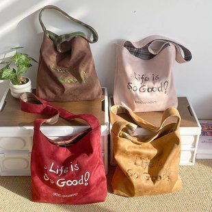 DRYWORLD秋冬毛呢单肩双面复古新款格子百搭大容量休闲托特包通勤