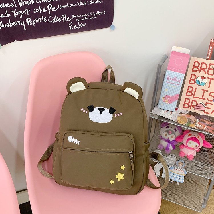 新款日系可爱帆布棕色奶白小熊大容量百搭学生软妹双肩包卡通书包