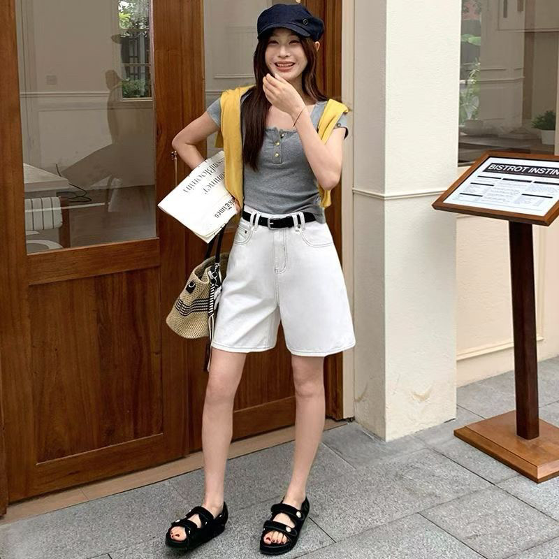白色美式牛仔五分裤女高腰2026夏季新款韩版设计感皮牌中裤子潮牌