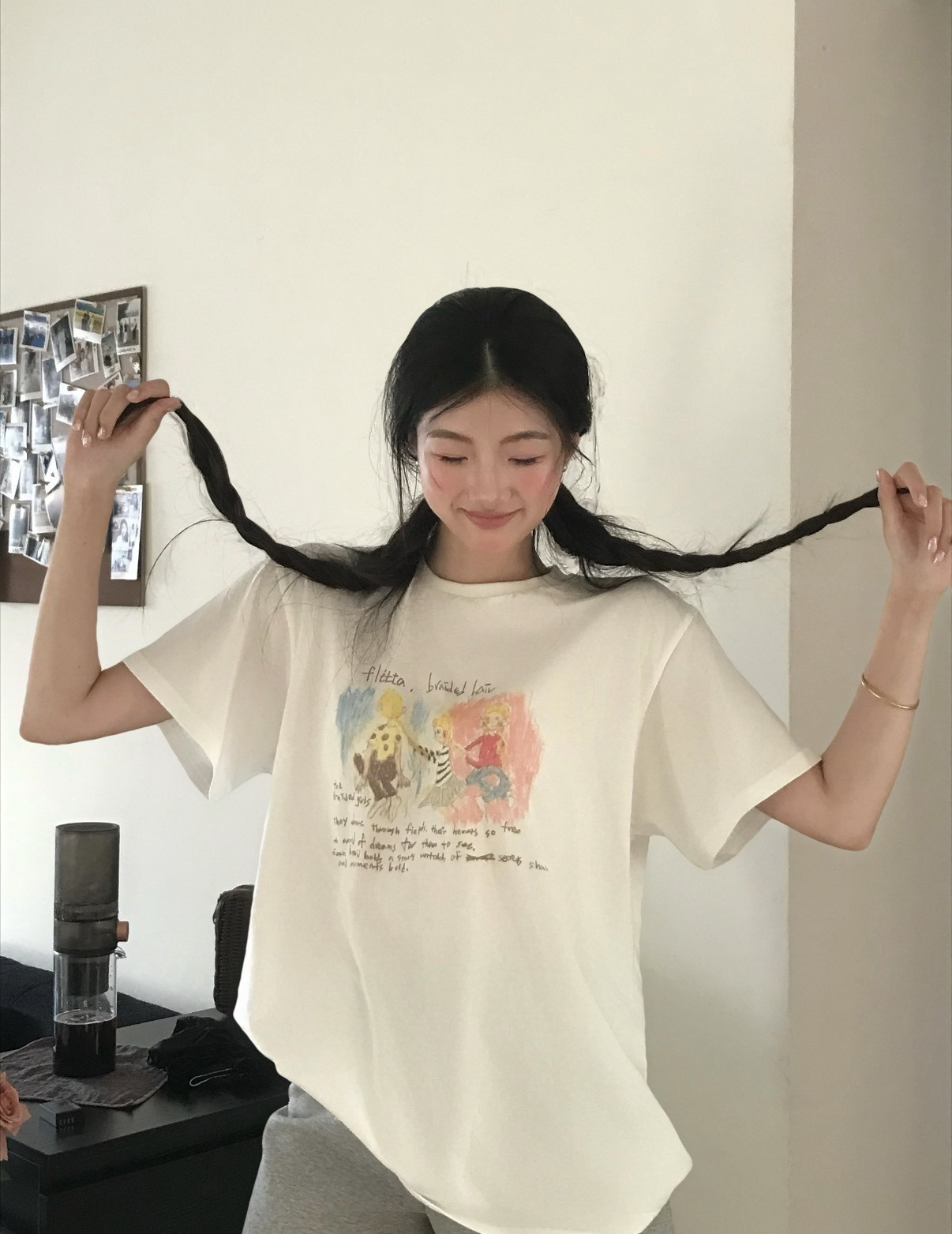 夏季新款t恤女韩版Fle辫子女孩涂鸦字母印花圆领短袖纯棉潮牌宽松