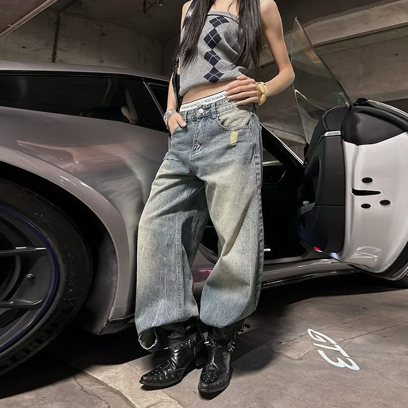 夏季新款破洞美式复古重工水洗弯刀无弹低腰宽松阔腿牛仔裤女潮牌