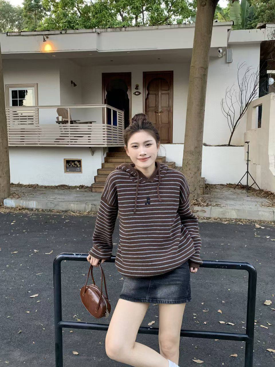 冬新款毛衣女复古拼色条纹连帽宽松显瘦针织衫上衣套头休闲慵懒风