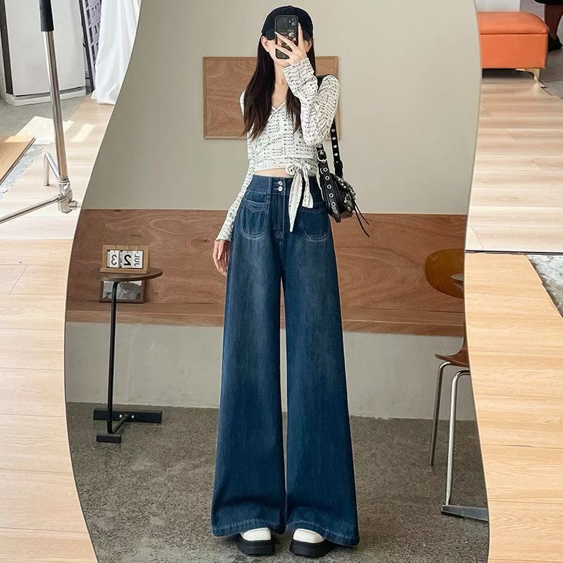 复古高腰阔腿牛仔裤女2024年秋季新款双排扣拖地裤高腰潮牌a字