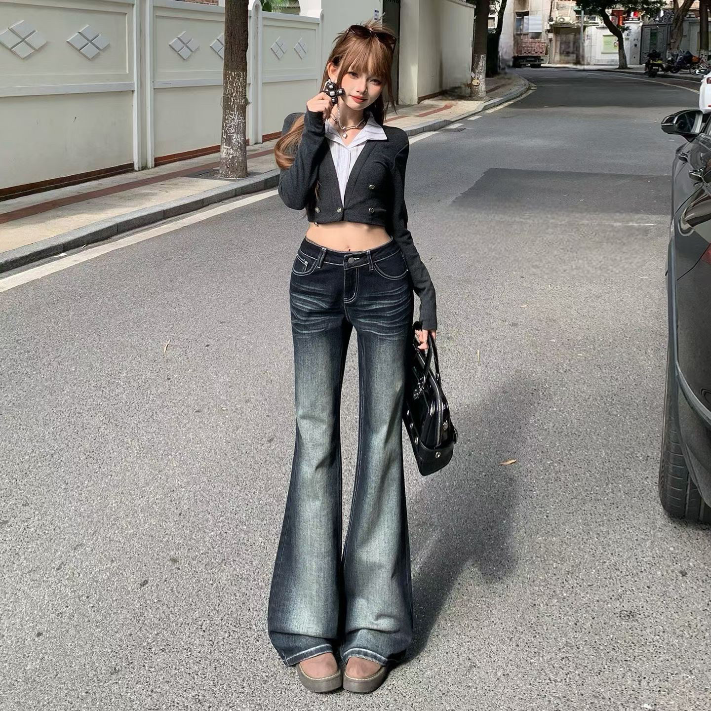 设计感渐变不贴腿微喇牛仔裤女2026年新款弹力修身显瘦喇叭拖地裤