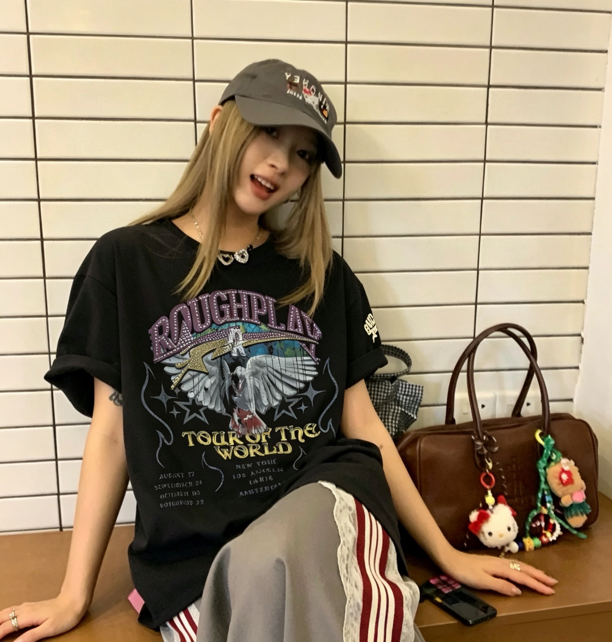 夏季新款韩范美式休闲感字母印花圆领短袖T恤女个性镶钻潮牌宽松