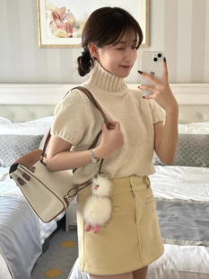 夏季新款韩国小众品牌八奶家高领套头羊毛针织衫短袖毛衣纯色显瘦