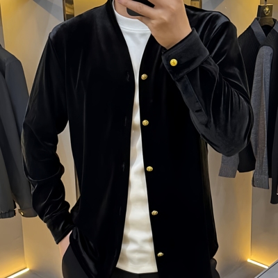 25309秋冬新款2025男士商务对襟纯色金丝绒高品质长袖衬衫