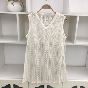 V领无袖白色蕾丝镂空背心女钩花显瘦叠穿打底衫屁帘上衣中长款女