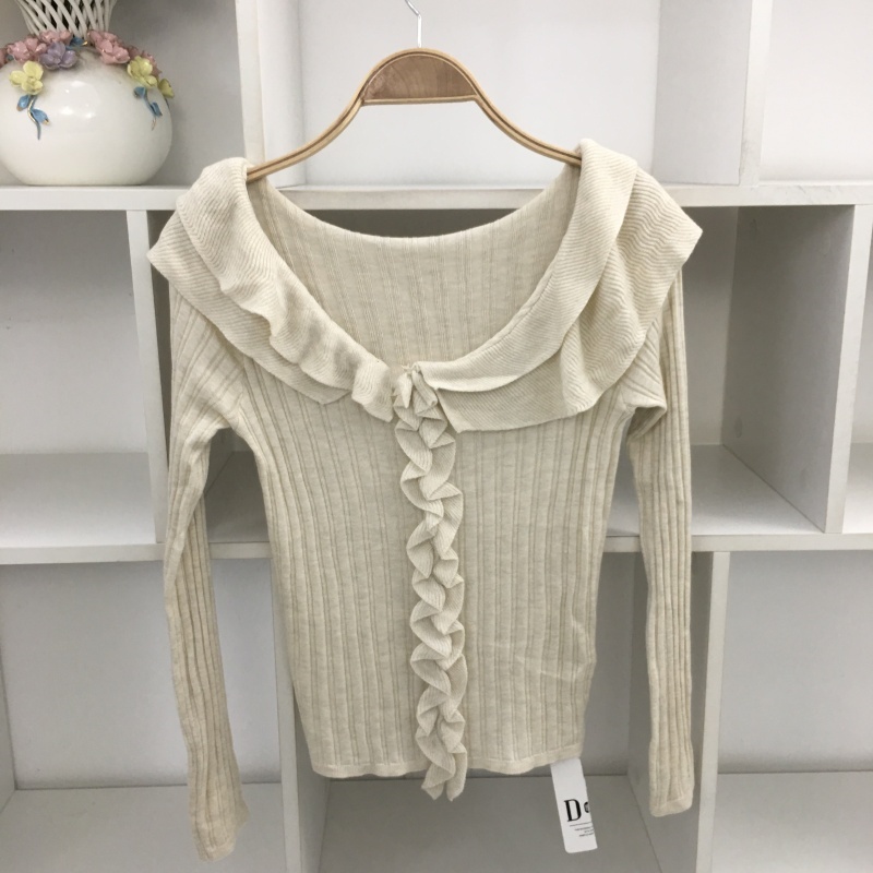 秋季荷叶边修身针织衫女收腰显瘦