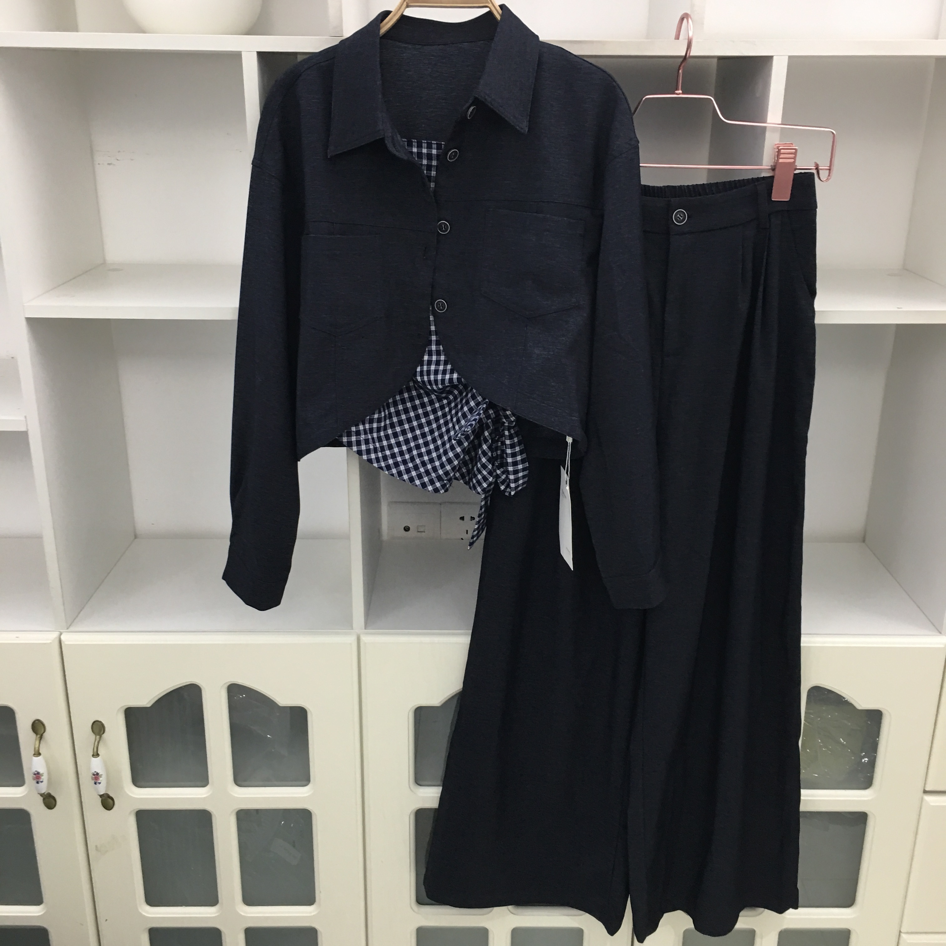 西装衬衫外套格子吊带阔腿裤套装