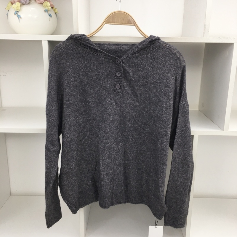 连帽纽扣长袖深灰色羊毛衫毛衣