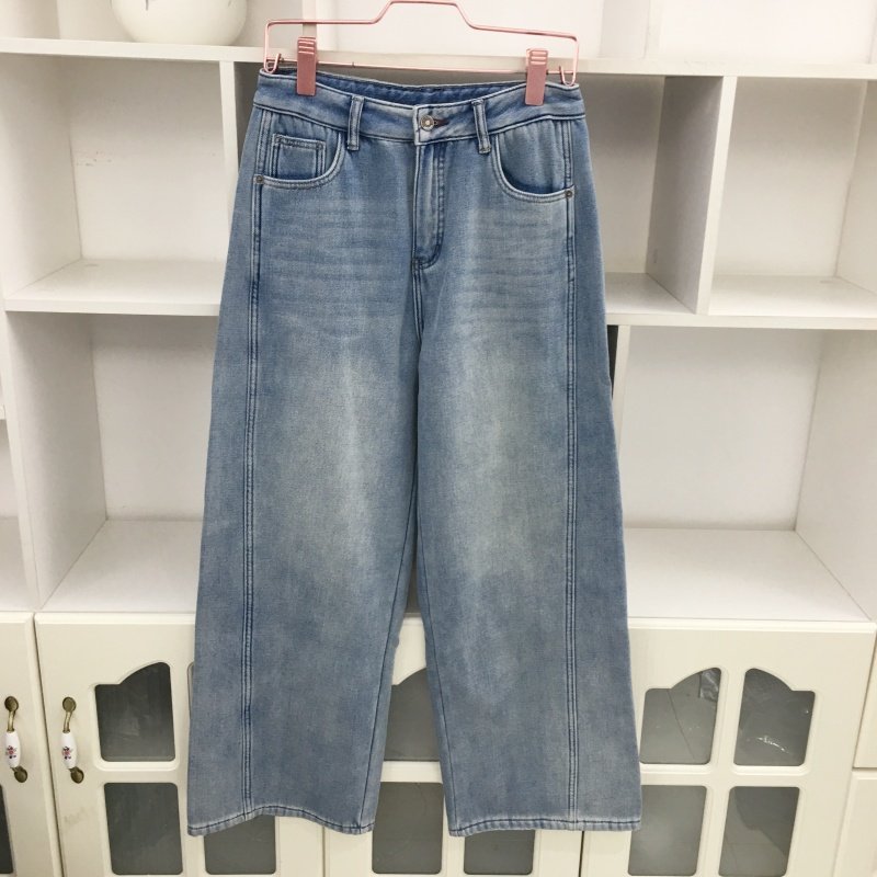 浅蓝色加绒加厚牛仔裤阔腿直筒裤